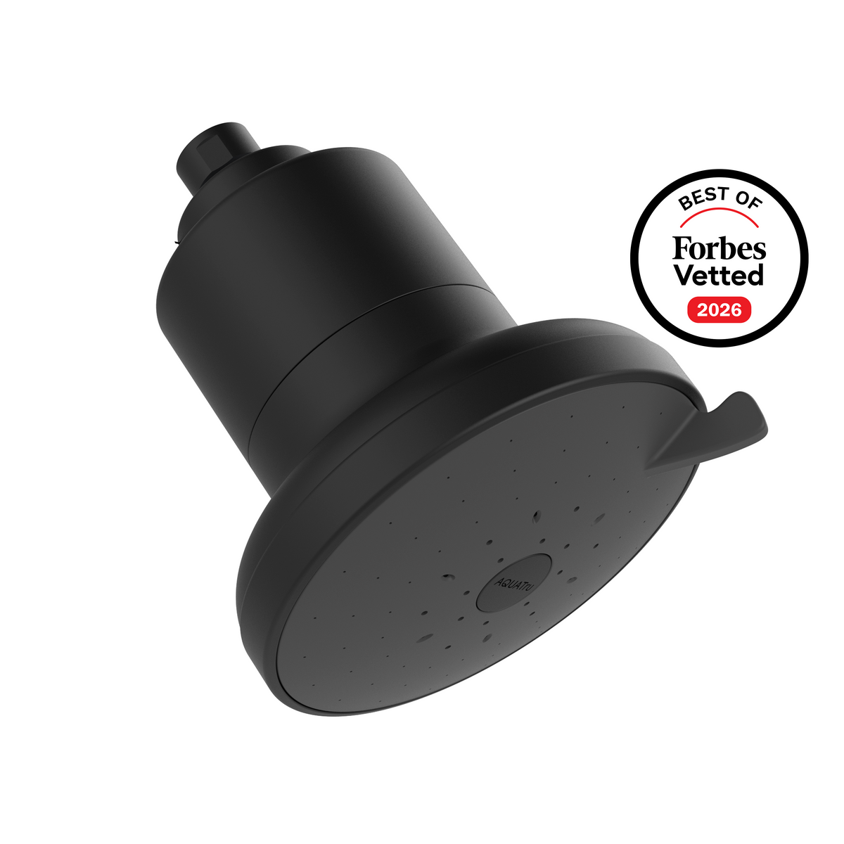 AquaTru Shower in Matte Black with a sticker that reads "Best Of Forbes Vetted 2026".