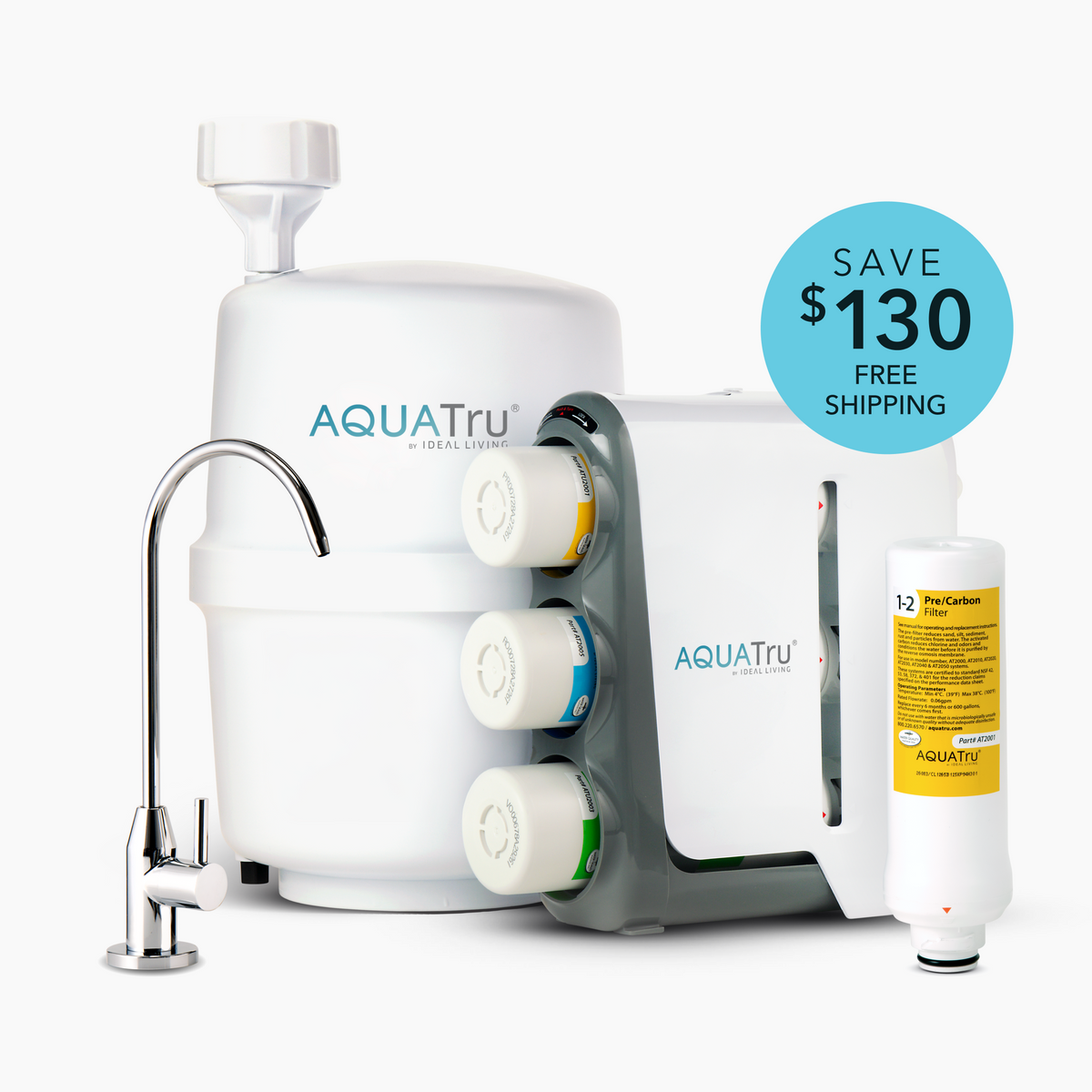 AquaTru Under Sink Purifier bundle with Classic Pre/Carbon Filter, featuring a sleek design and chrome faucet.