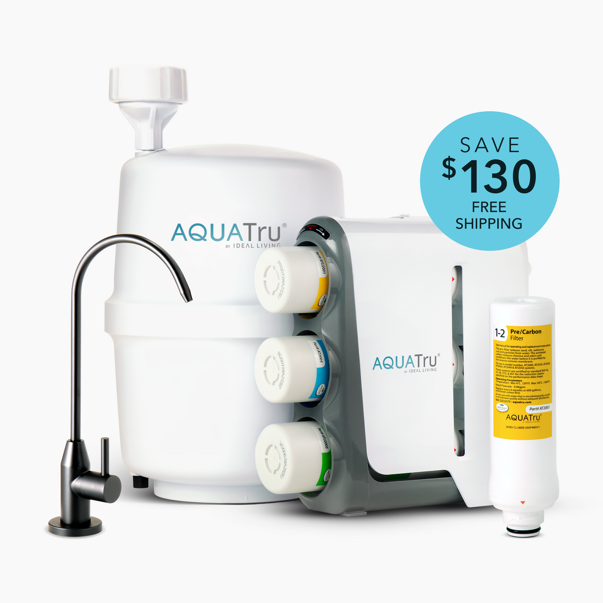 AquaTru Under Sink water purifier bundle with Classic Pre/Carbon Filter and faucet, featuring a sleek design.