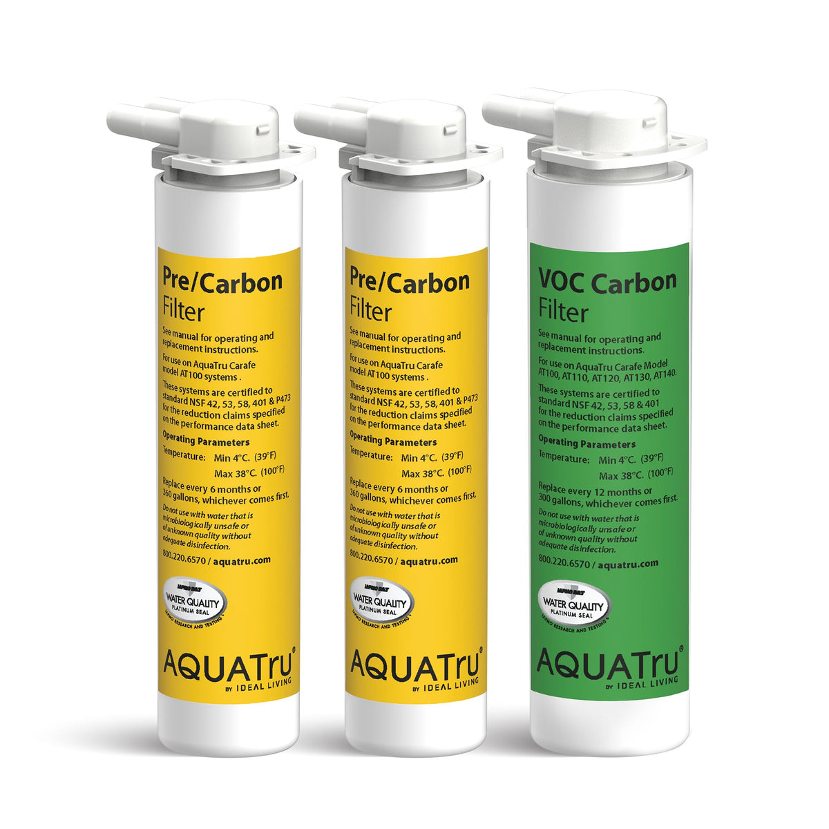 Three water filters from AQUATru, labeled Pre/Carbon, Pre/Carbon, and VOC Carbon, in a combo pack.