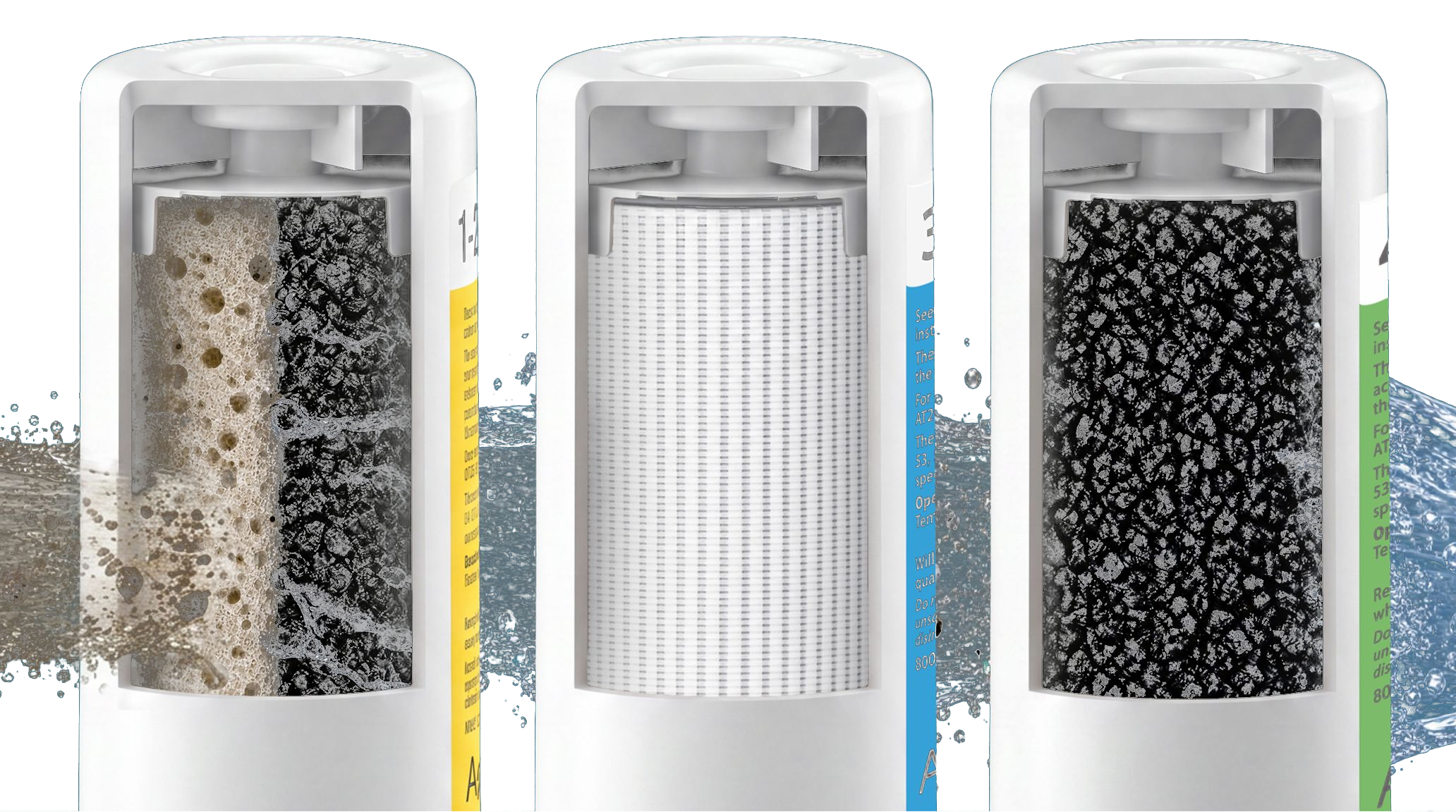 Image showing the filtration process of the AquaTru Pre/Carbon filter, Reverse Osmosis filter, and VOC Carbon Filter.