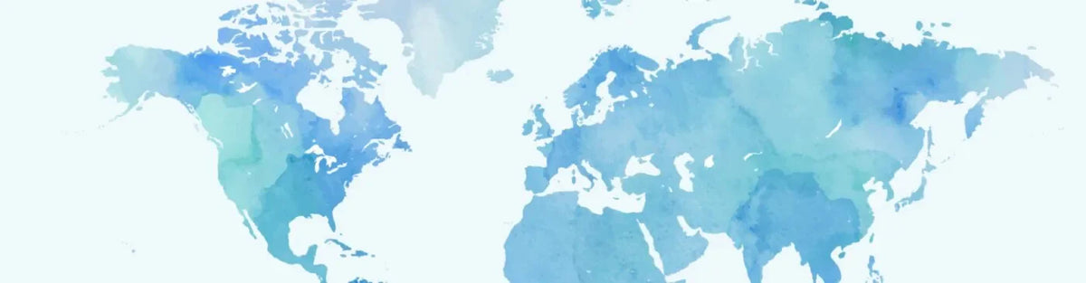 World map with a watercolor texture in blue and white