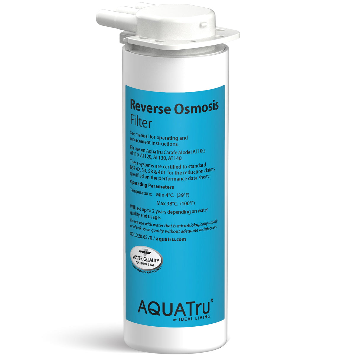 Reverse Osmosis Filter in a cylindrical design, featuring a blue label with operating instructions.