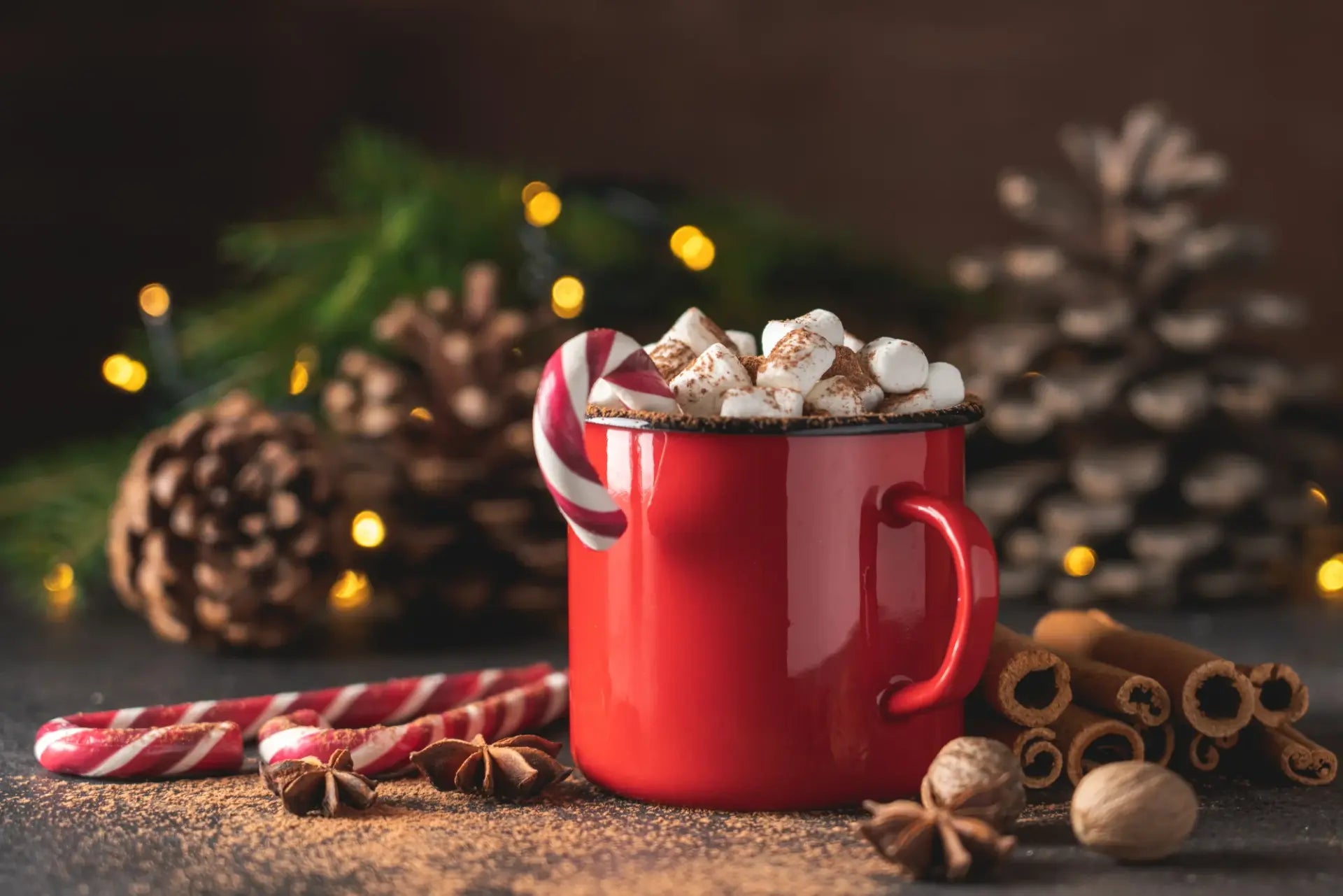 Red mug with hot chocolate and marshmallows, surrounded by Christmas decorations on a dark background.