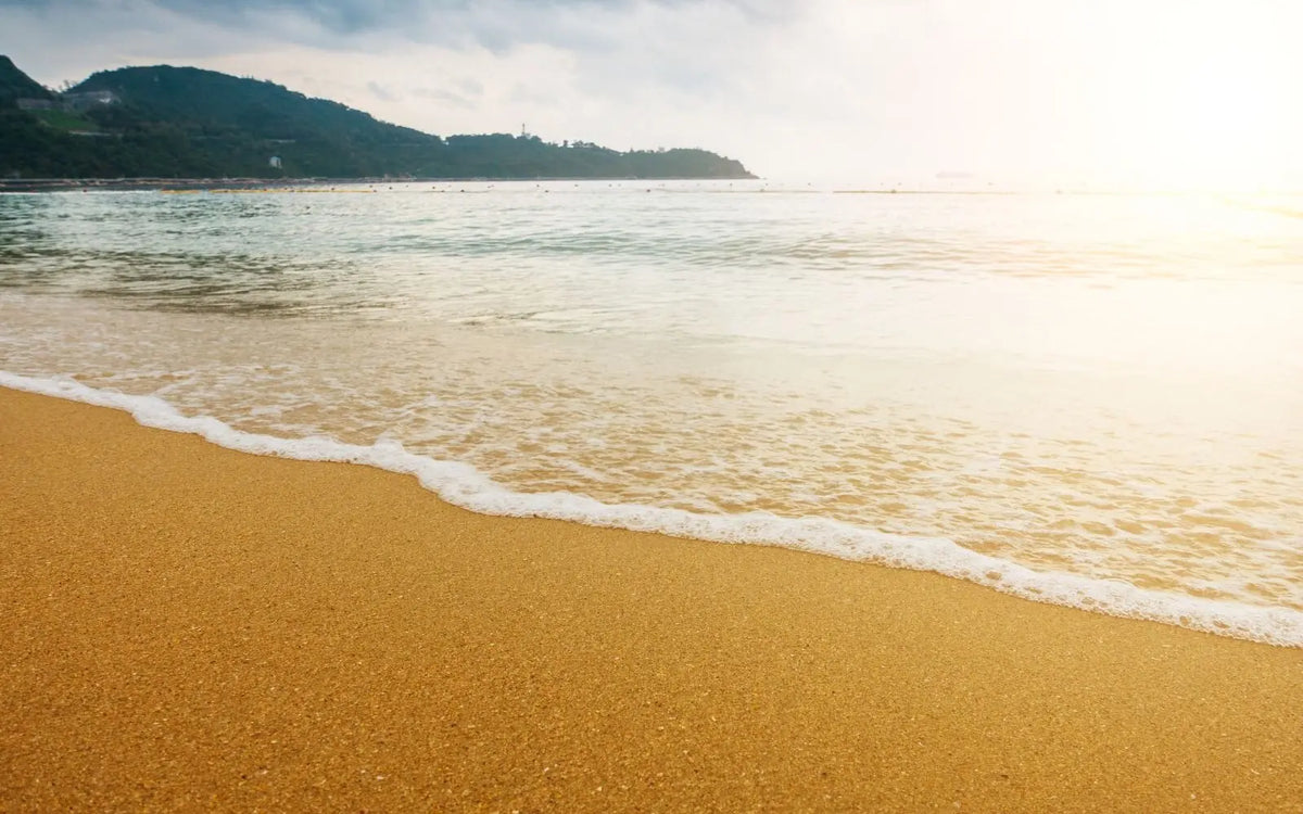 A scenic view of a clean, healthy coastline at sunrise, showing gentle white seafoam washing onto smooth golden sand with misty green hills in the distance.