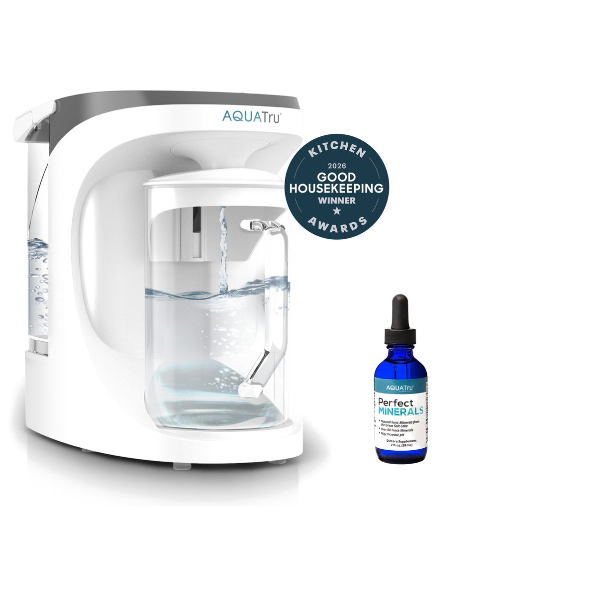 AquaTru Carafe with mineral drops, featuring a sleek white design and award-winning label.
