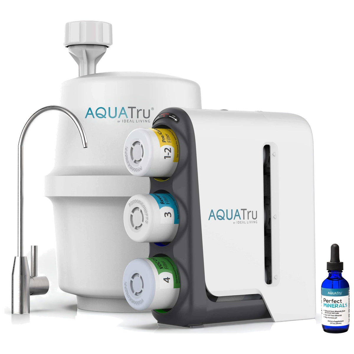 AquaTru under-sink water filtration system with chrome faucet and mineral drops bottle.