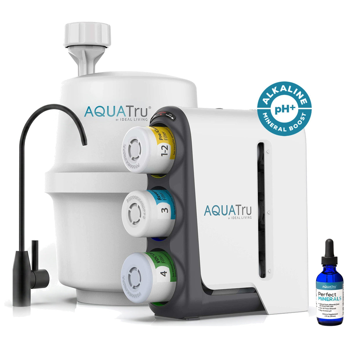 AquaTru under-sink alkaline water filtration system with black faucet and mineral drops bottle.