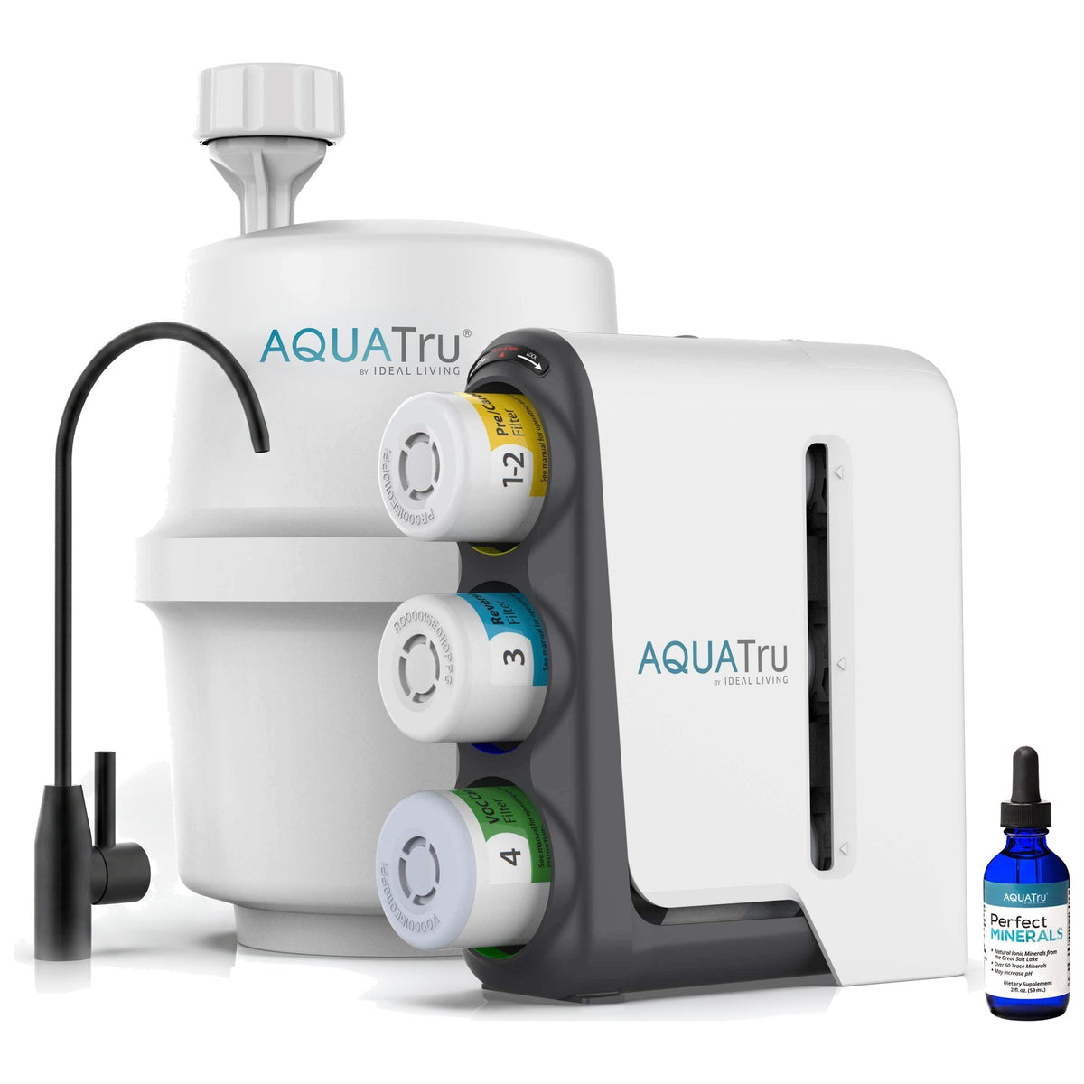 AQUATru under-sink water filtration system with black faucet and mineral drops bottle.