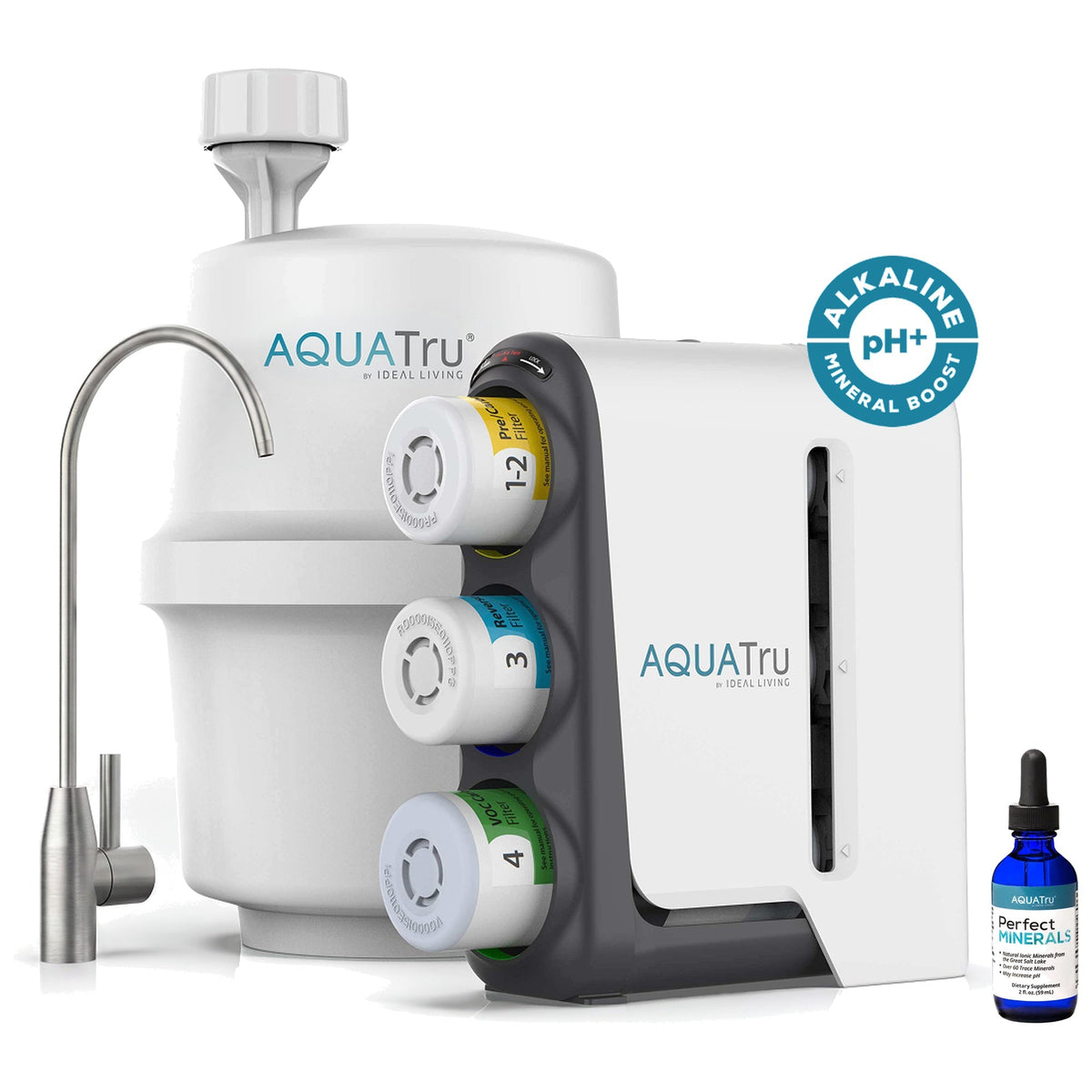 AquaTru under-sink alkaline water filtration system with stainless steel faucet and mineral drops bottle.