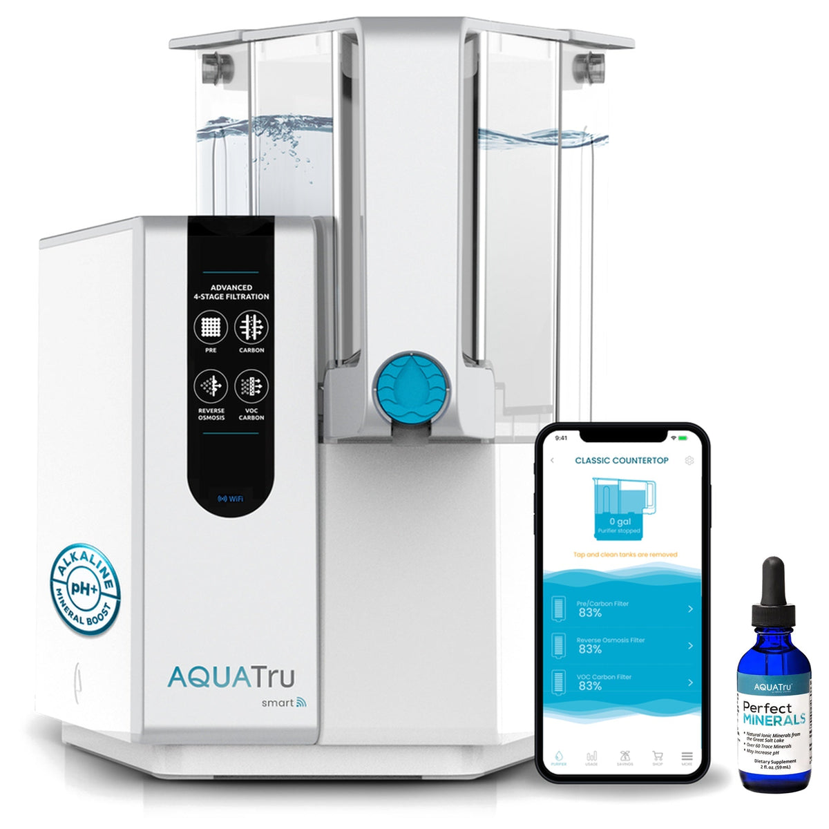 AquaTru water filtration system with a smartphone app and mineral drops bottle beside it.