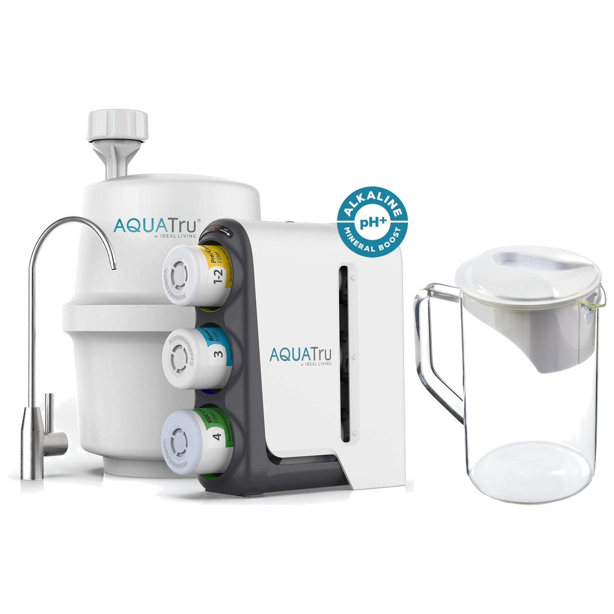 AquaTru under-sink alkaline water filtration system with chrome faucet and extra pitcher.