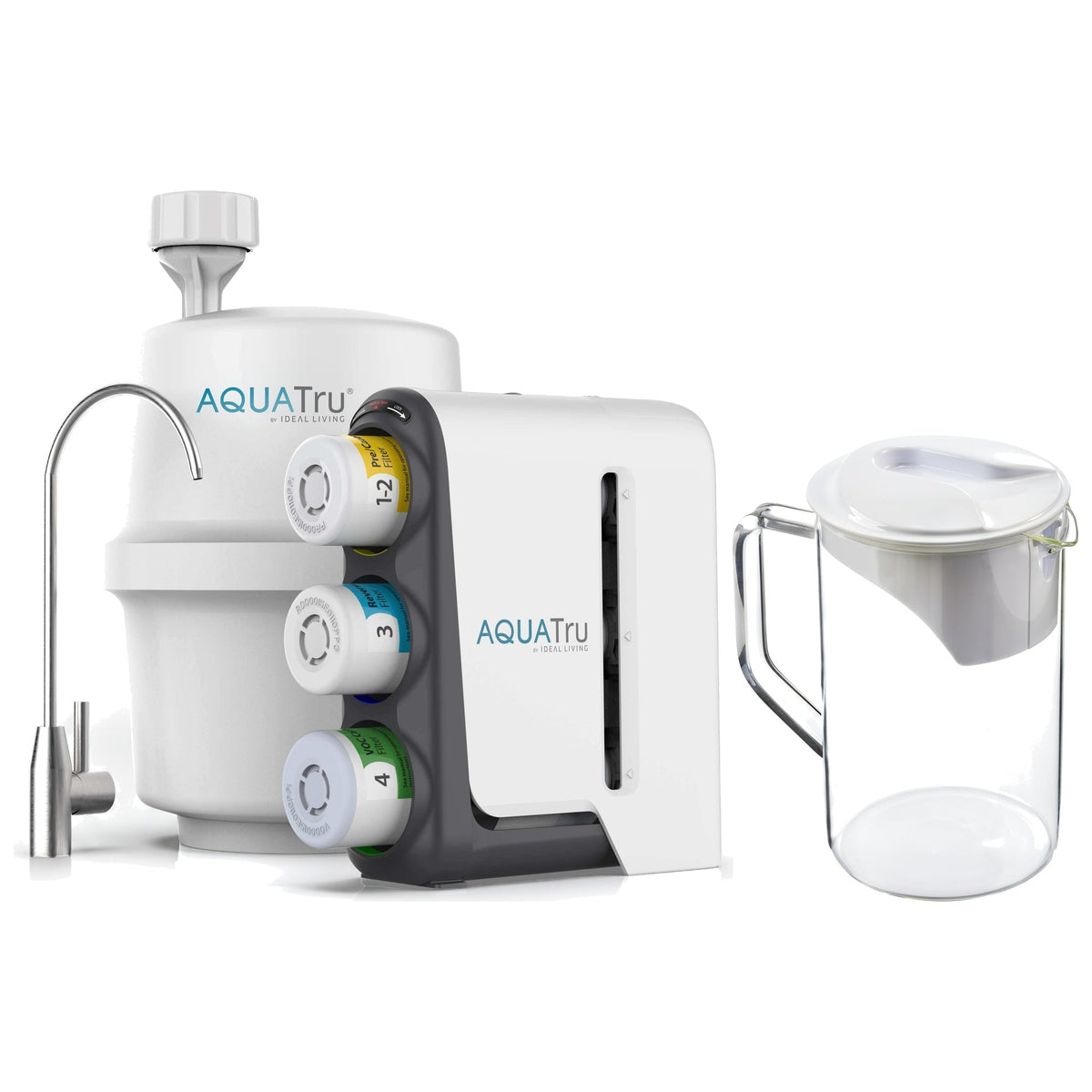AquaTru under-sink water filtration system with chrome faucet, extra pitcher, and filter canisters.