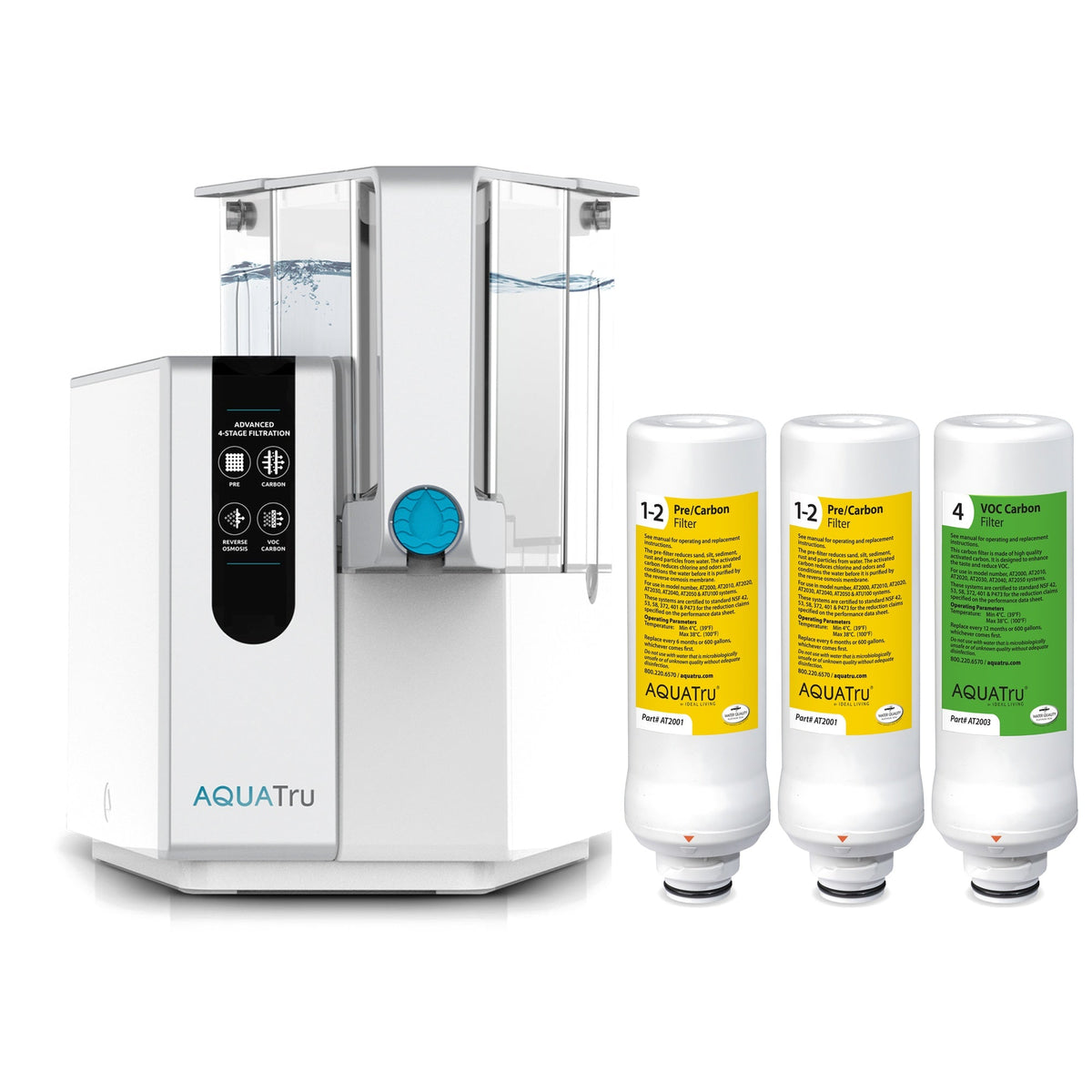 AquaTru water filtration system with three replacement filters displayed beside it.