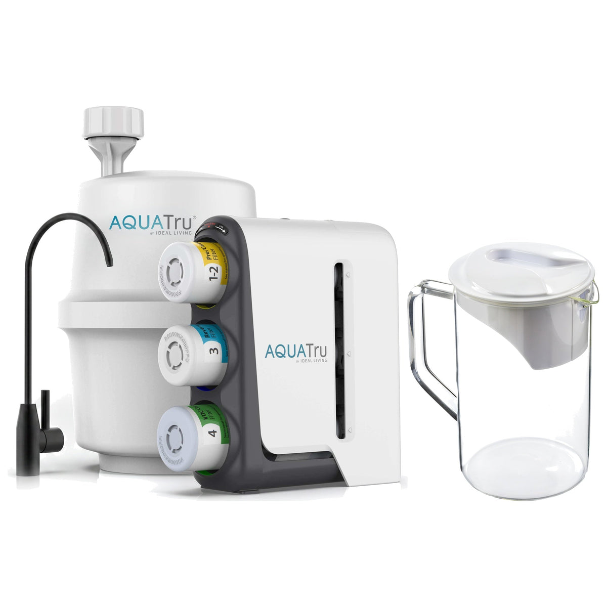 AquaTru under-sink water filtration system with black faucet, extra pitcher, and color-coded filter canisters.