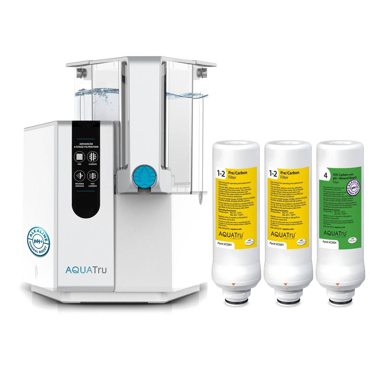 AquaTru water filtration system with three replacement alkaline filter cartridges beside it.