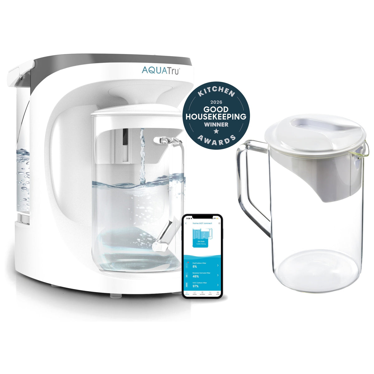 AquaTru CarafeSmart Extra Pitcher next to a water filtration system and a smartphone displaying the app interface.