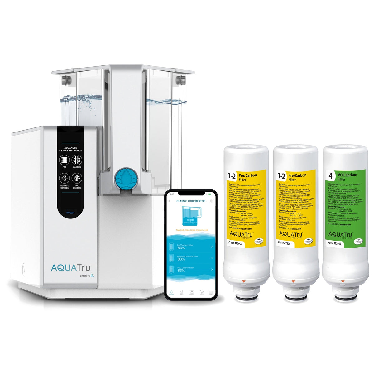 AquaTru ClassicSmart water filtration system with three extra filter cartridges and a smartphone app displaying information.