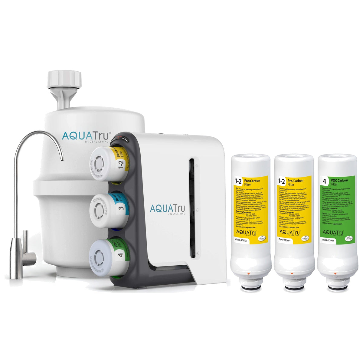 AquaTru under-sink water filtration system with chrome faucet and three extra filter cartridges.