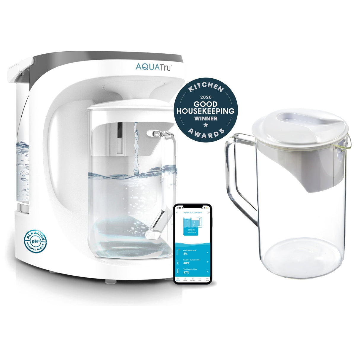 AquaTru Carafe with a smartphone app, featuring a clear pitcher and a label for the 2020 Good Housekeeping Award.