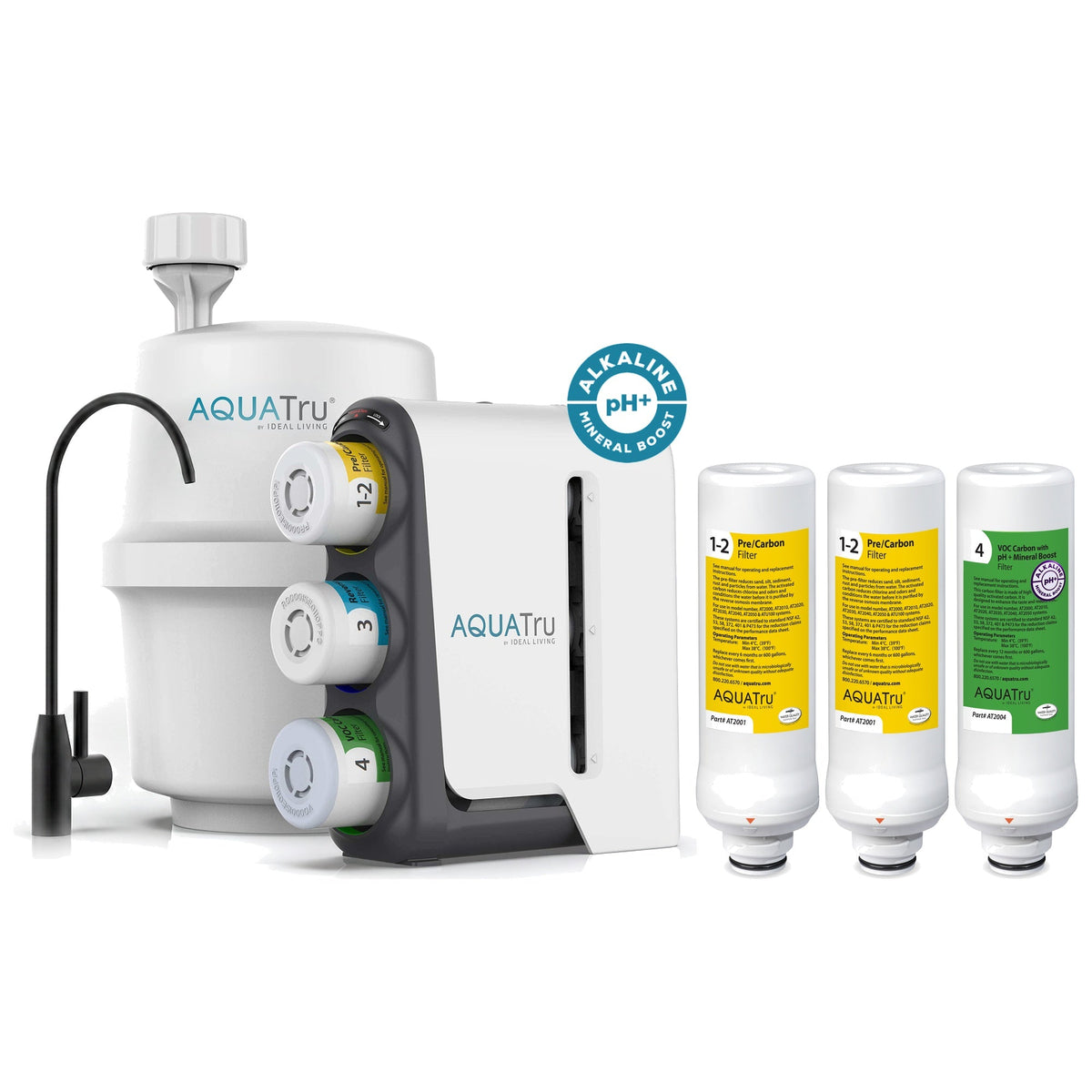 AquaTru under-sink alkaline water filtration system with black faucet and extra filter set.