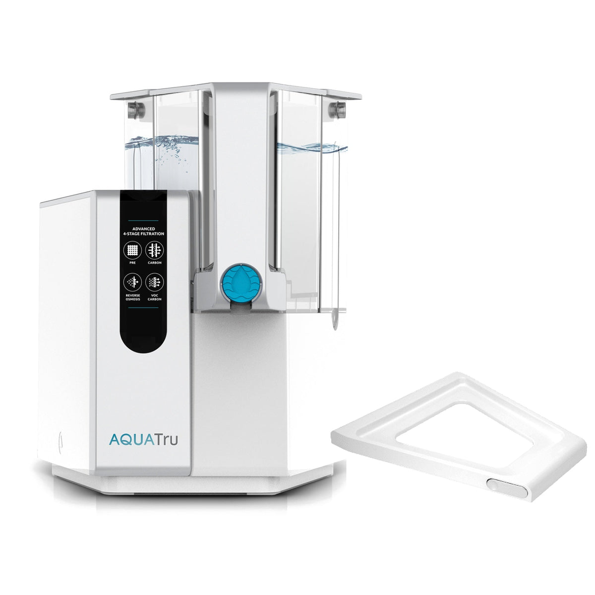 AquaTru Classic water filtration system with a sliding tray, featuring clear water tanks and control panel.