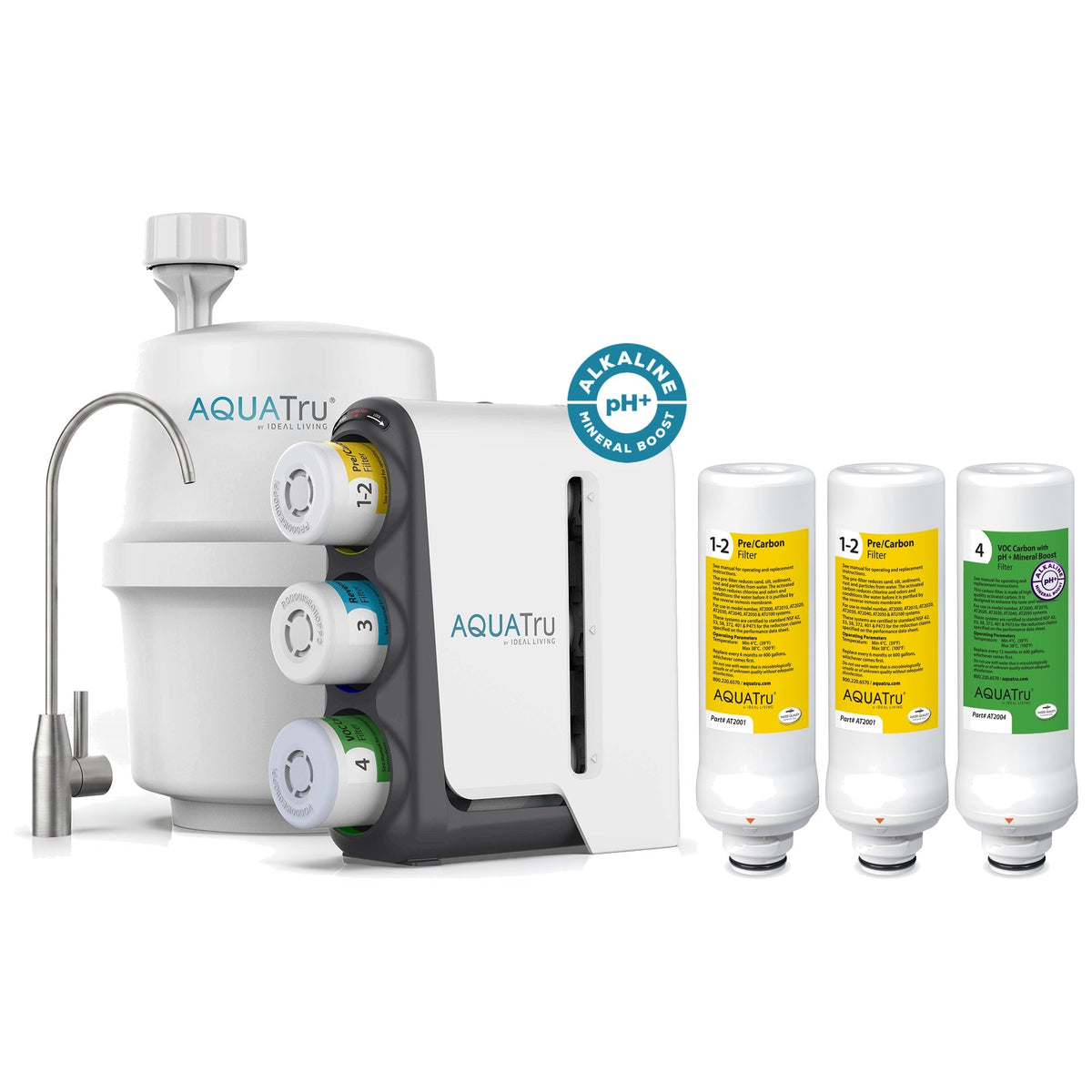 AquaTru under-sink alkaline water filtration system with stainless steel faucet and extra filter set.