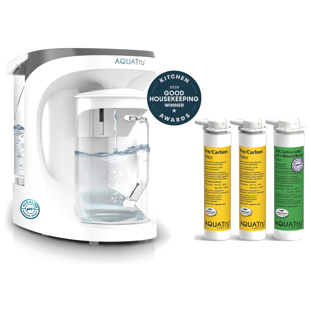 AquaTru carafe with three alkaline filter cartridges, showcasing a sleek design and water filtration system.