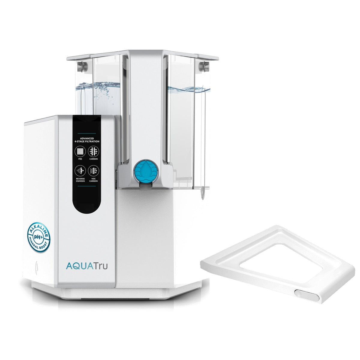 AquaTru Classic Alkaline water filtration system with a sliding tray, featuring clear water chambers and control panel.