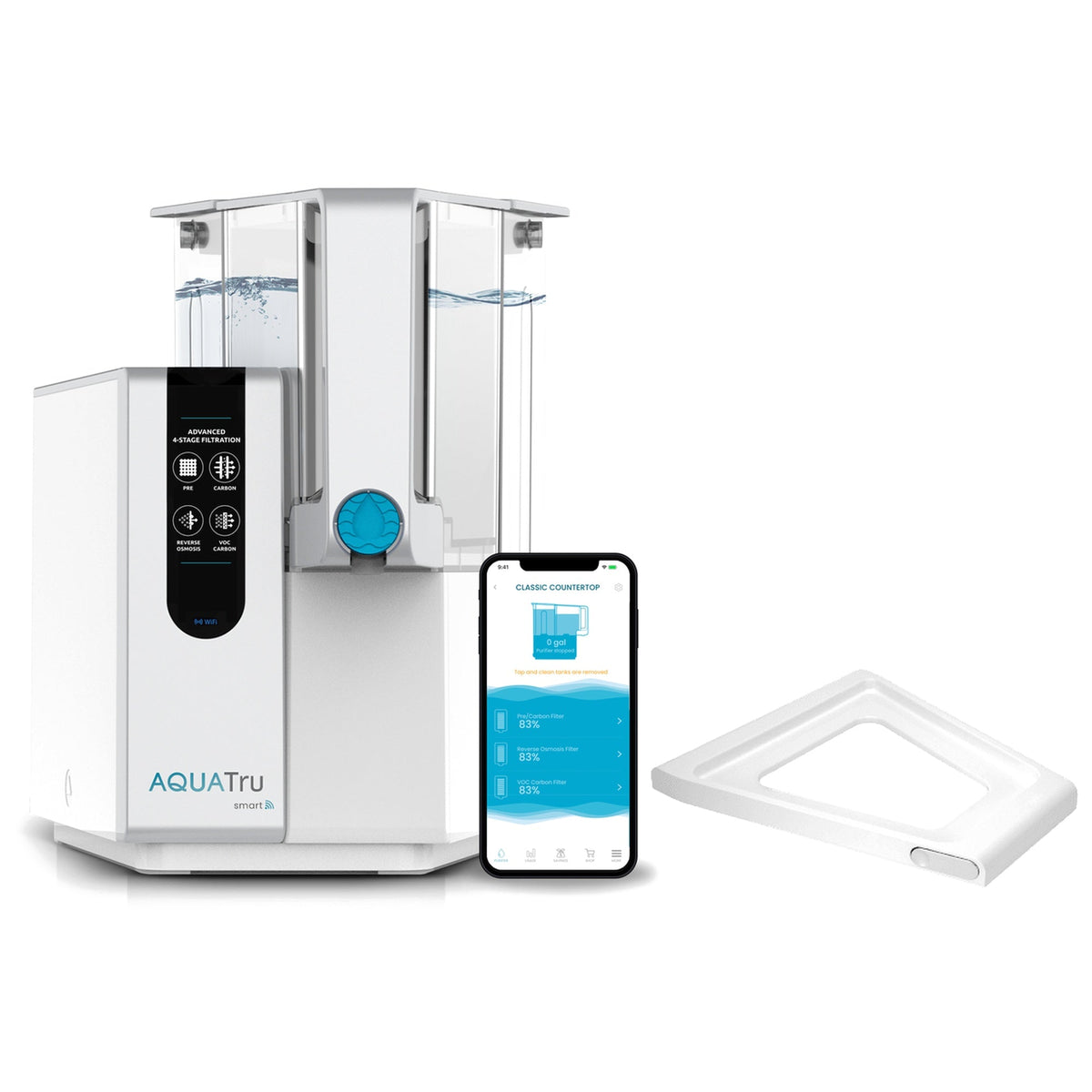 AquaTru Classic water purifier with a smartphone app and a sliding tray on a white background.