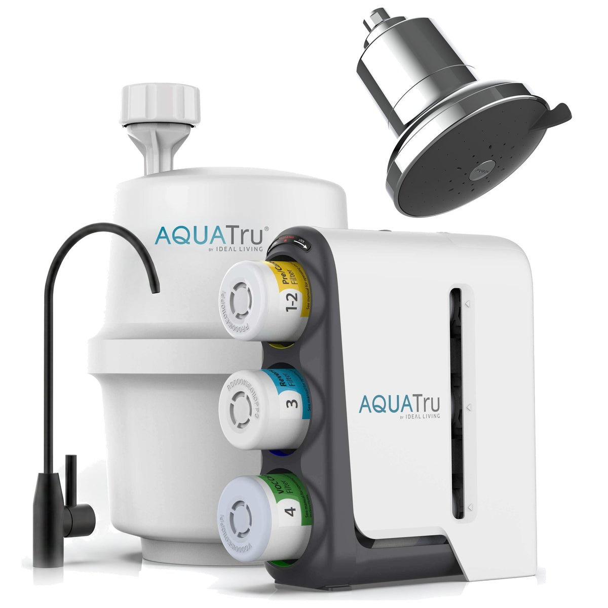 AQUATru under-sink water filtration system with faucet, showerhead, and filter cartridges in a sleek design.