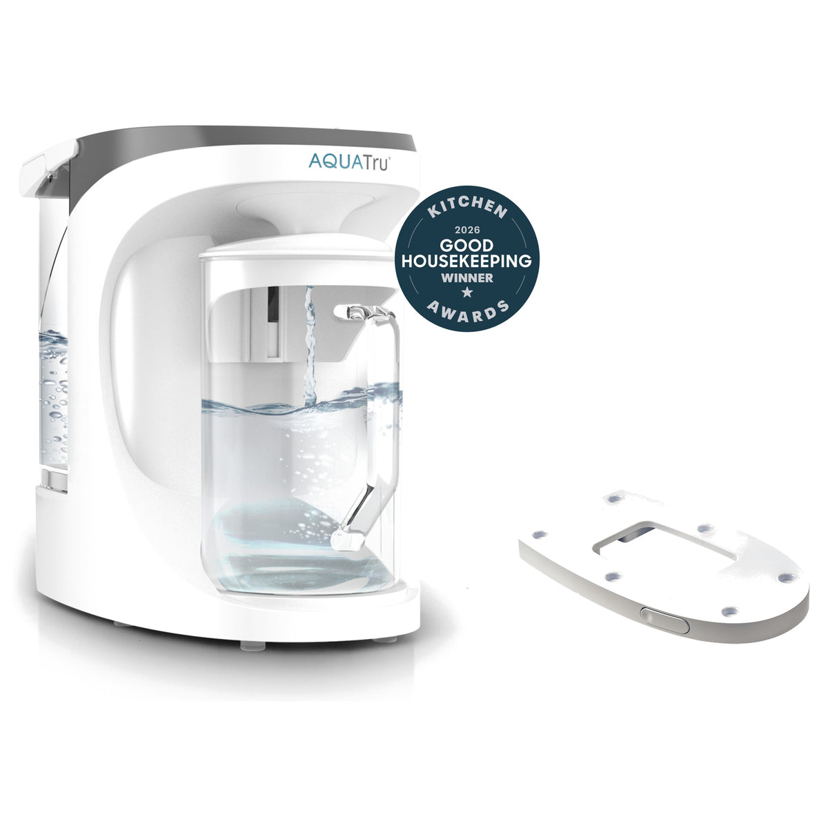 AquaTru Carafe with sliding tray, featuring a sleek white design and water filtration system.