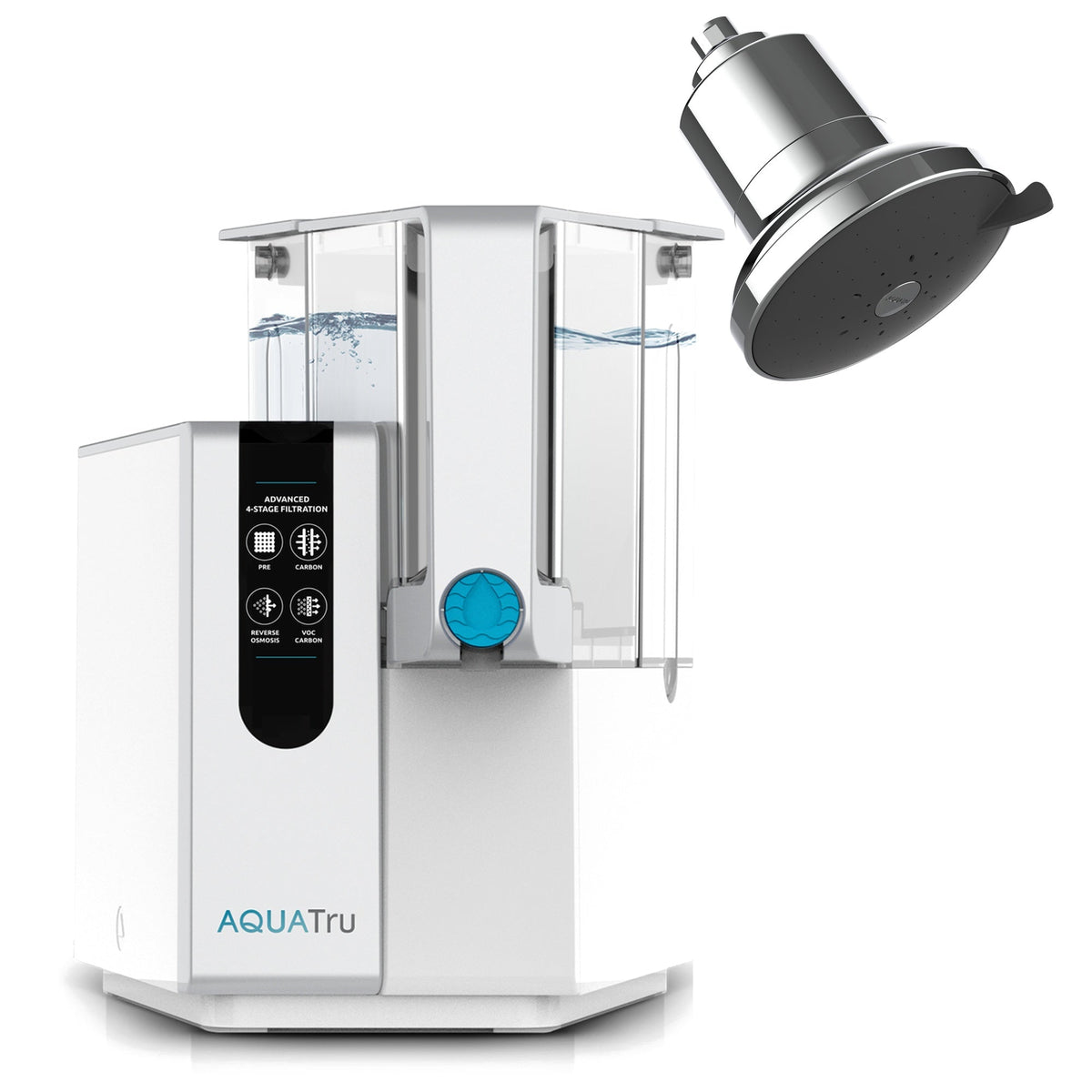 AquaTru Classic water filtration system with a chrome showerhead above it, showcasing clear water in the tanks.