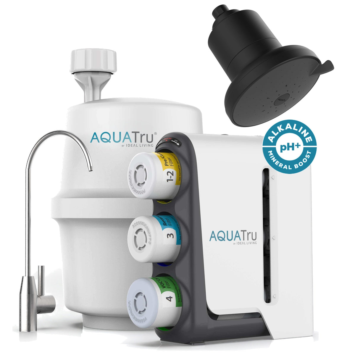 AquaTru under-sink alkaline water filtration system with chrome faucet and black showerhead attachment.