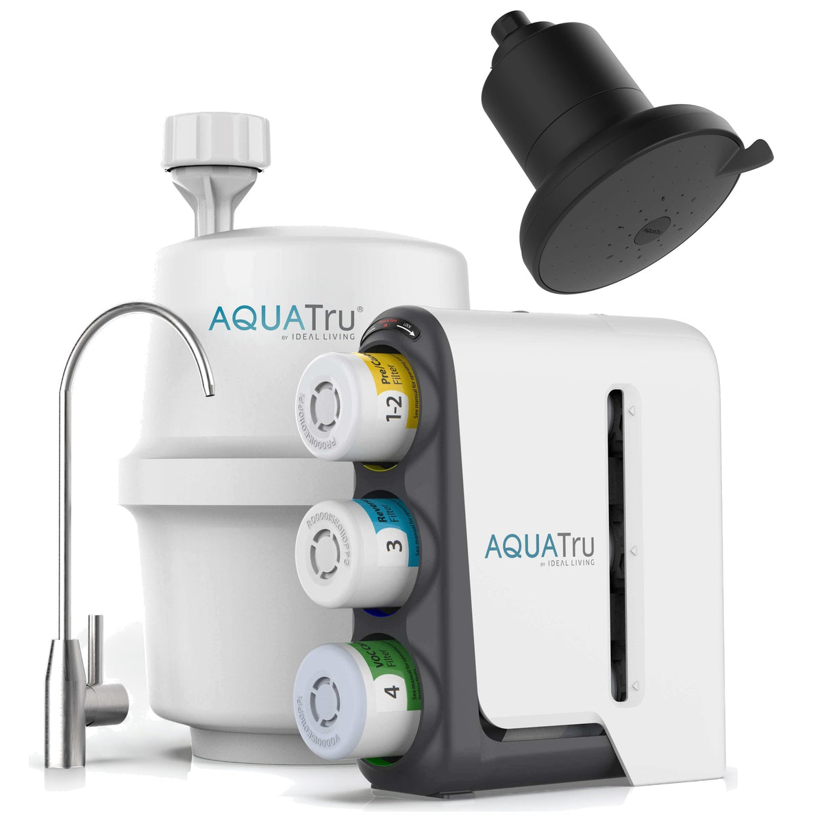 AquaTru under-sink water filtration system with chrome faucet, black showerhead, and filter canisters.