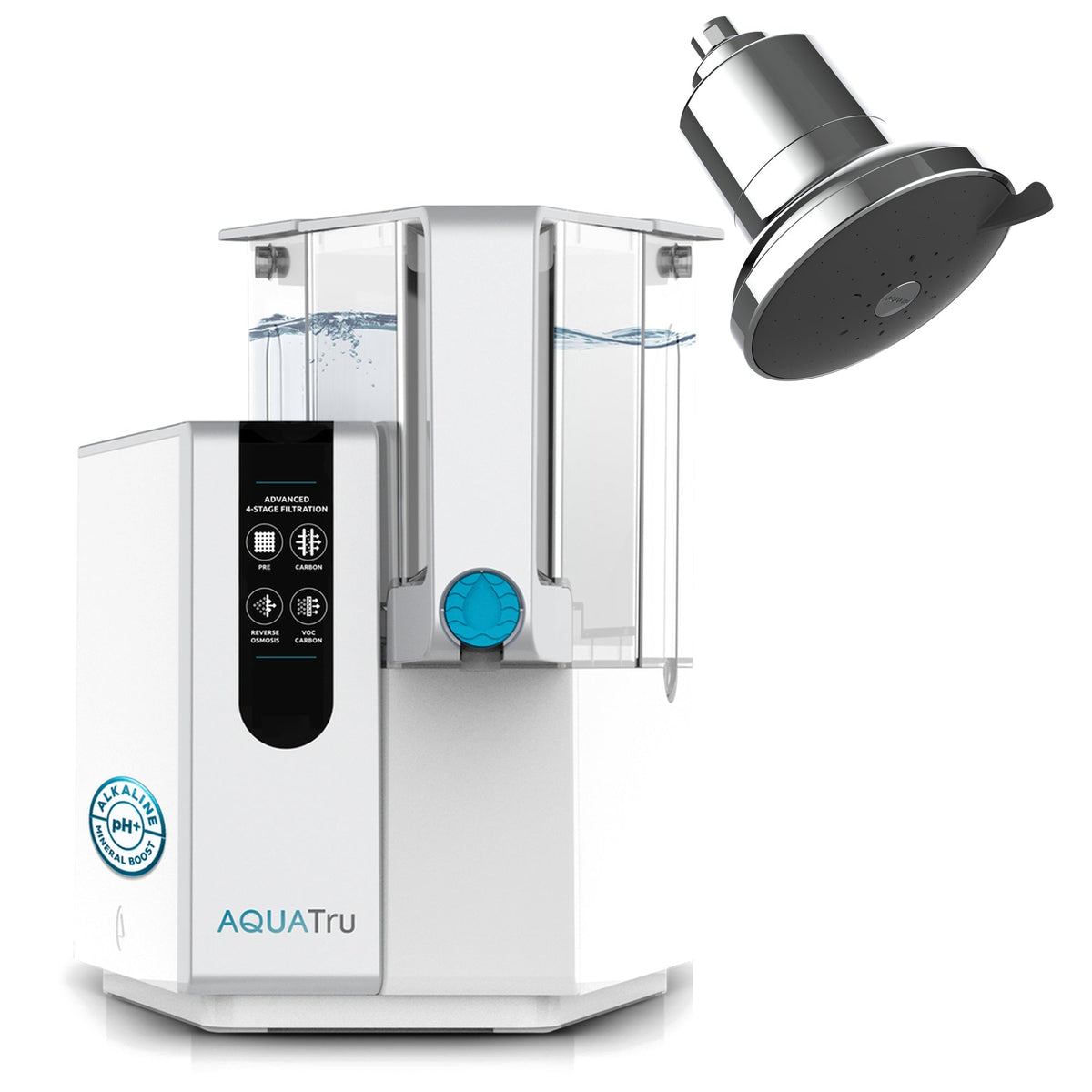 AquaTru Classic Alkaline water purifier with a chrome showerhead, showcasing water filtration and purification features.