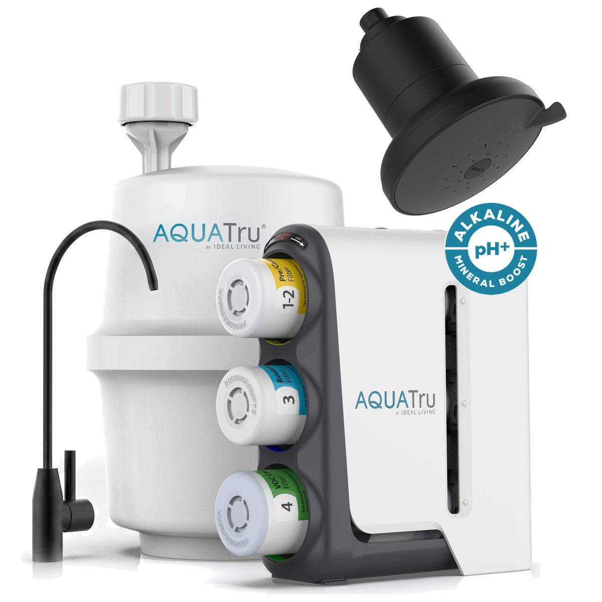 AquaTru under-sink alkaline water filtration system with black faucet and showerhead, featuring colorful filter cartridges.