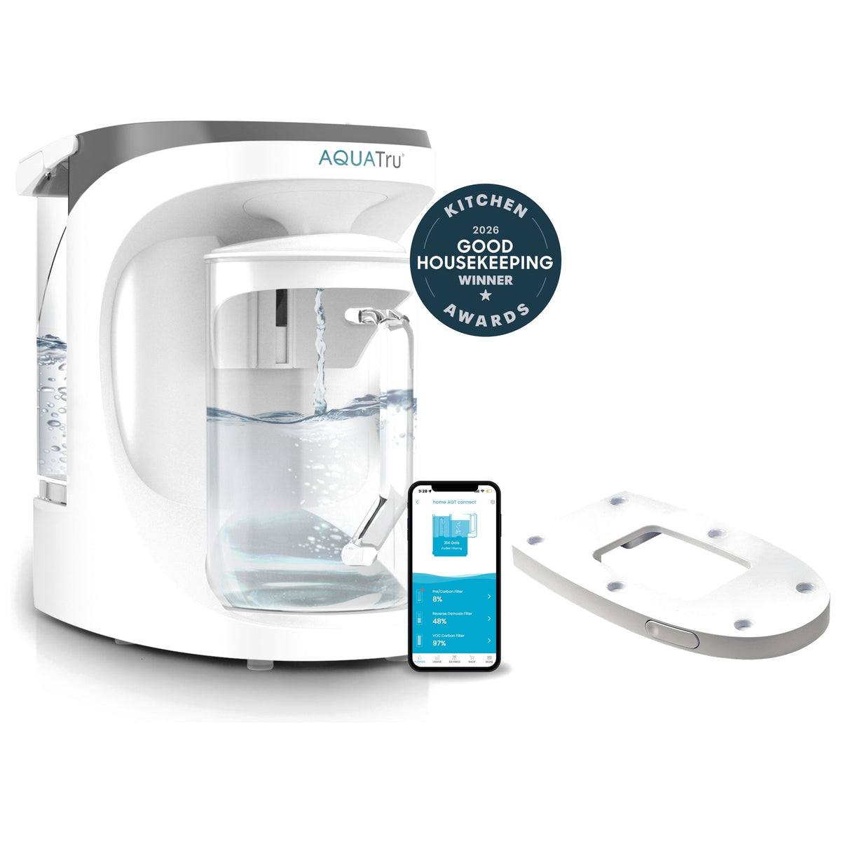 AquaTru Carafe with a smartphone app and a sliding tray, showcasing a sleek design and water filtration system.