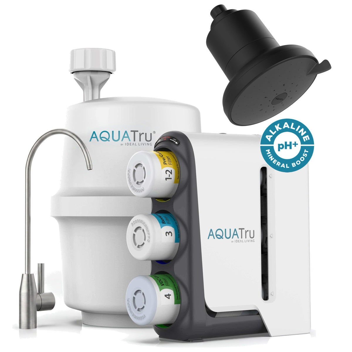 AquaTru under-sink alkaline water filtration system with stainless steel faucet and black showerhead attachment.