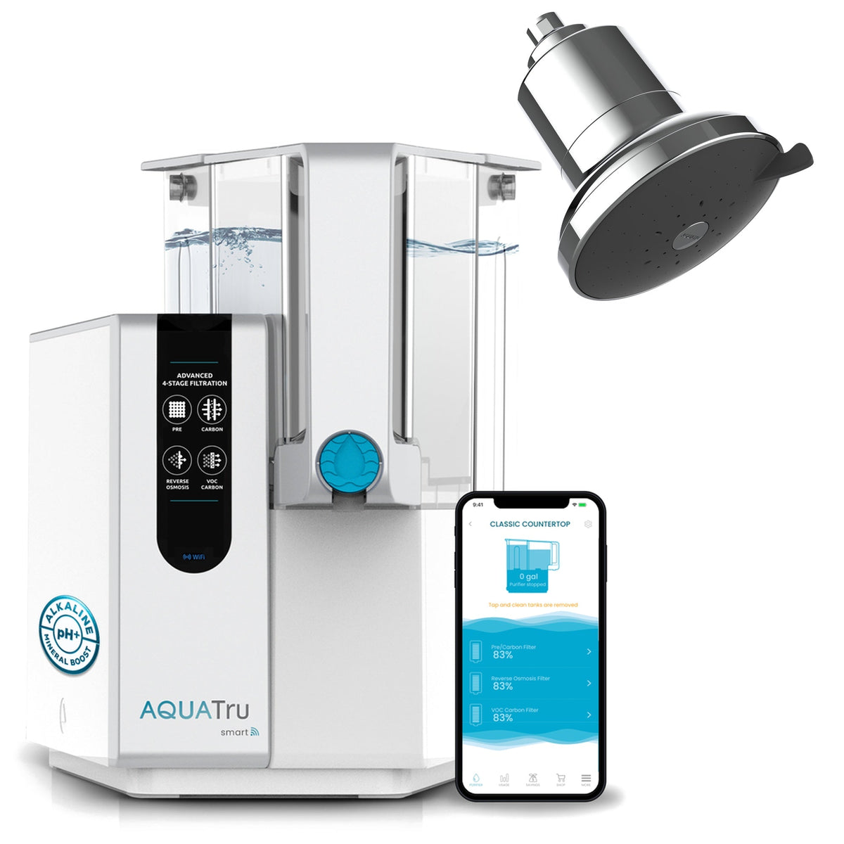AquaTru Classic Smart Alkaline water filtration system with a chrome showerhead and smartphone app interface.