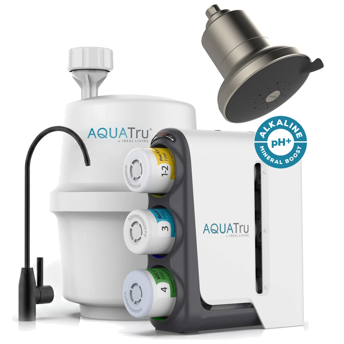 AQUATru under-sink alkaline water filtration system with faucet, mineral boost, and showerhead attachment.