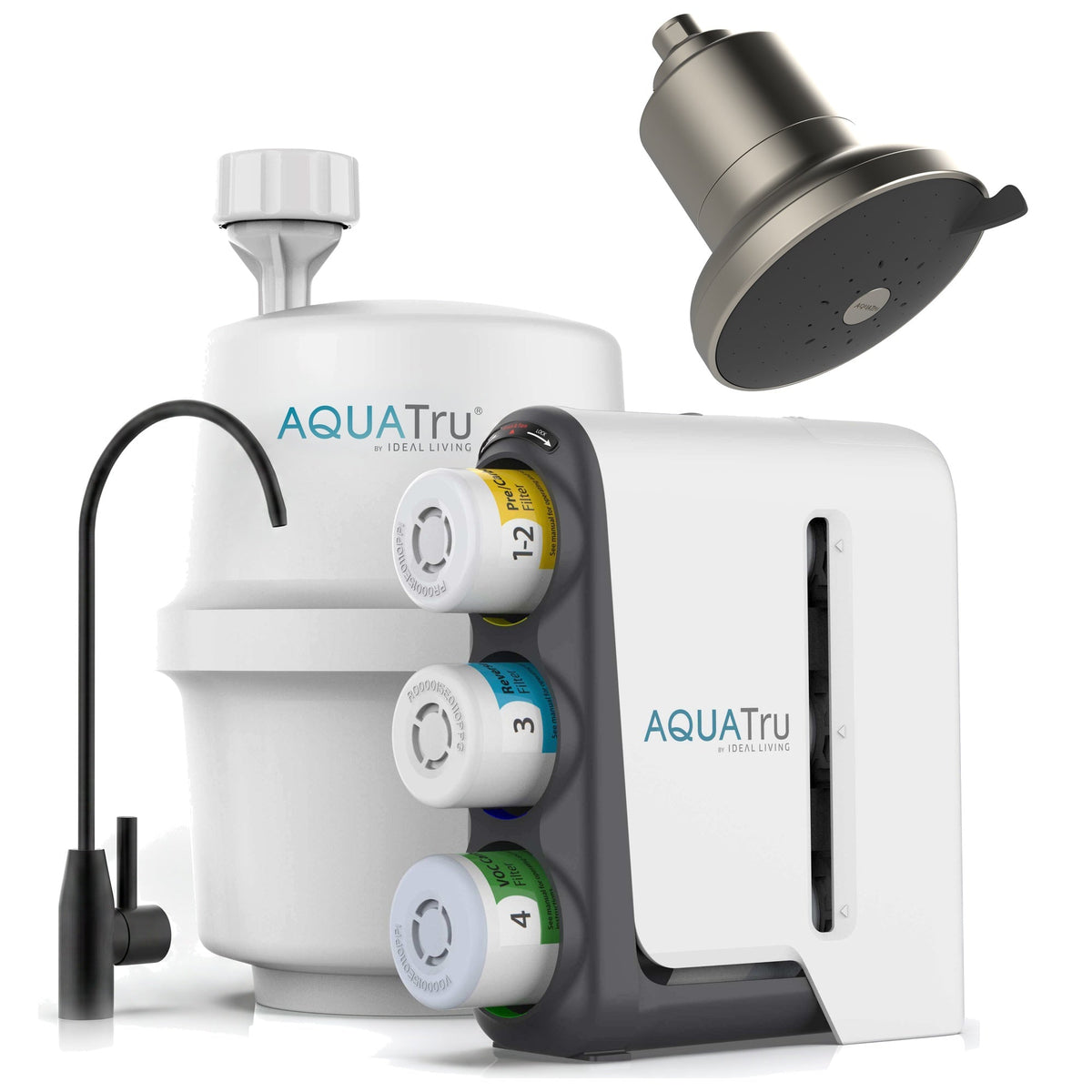 AquaTru under-sink water filtration system with black faucet, brushed nickel showerhead, and colorful filter cartridges.