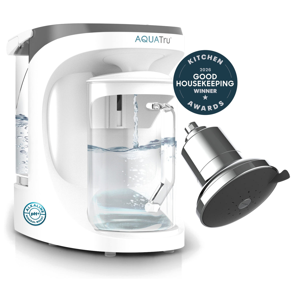 AquaTru carafe with water flowing, chrome shower filter, and Good Housekeeping award badge.