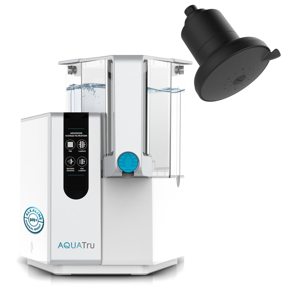 AquaTru Classic Alkaline water purifier with a black showerhead attachment and water in the purification chambers.