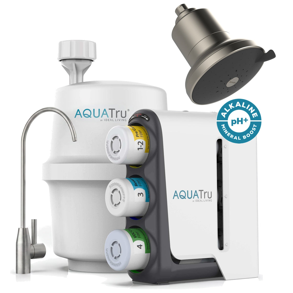 AquaTru under-sink alkaline water filtration system with brushed nickel faucet and showerhead, featuring colorful filter
