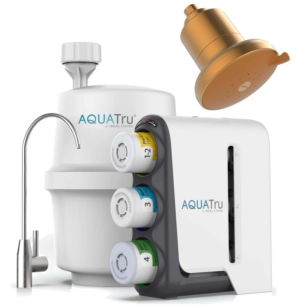 AquaTru under-sink water filtration system with chrome faucet, gold showerhead, and colorful filter cartridges.