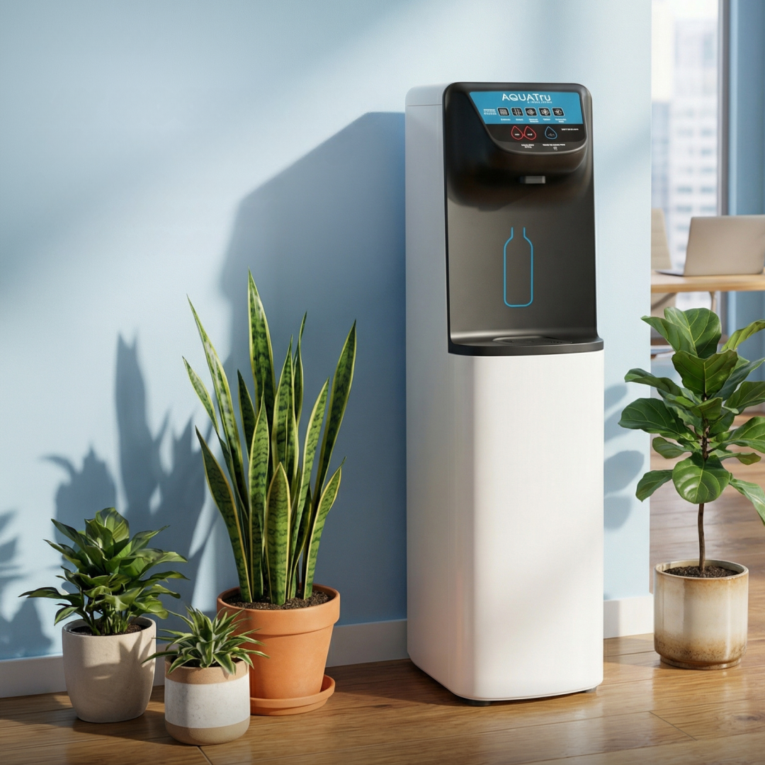 Water dispenser next to potted plants in a bright, modern room with blue walls and natural light.