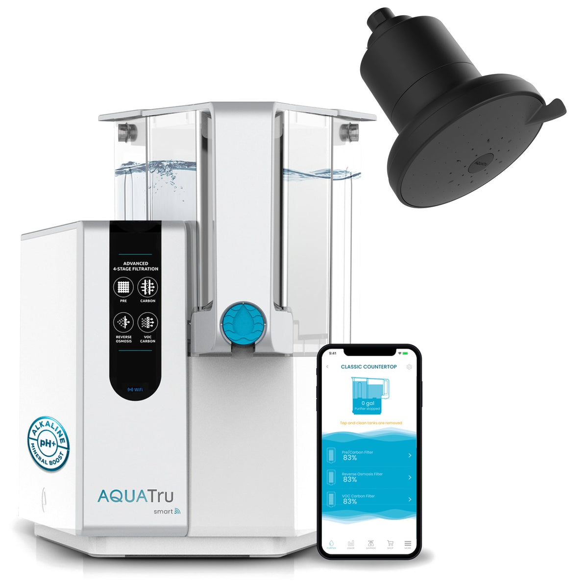 AquaTru ClassicSmartAlkaline water filtration system with a black showerhead and smartphone app display.