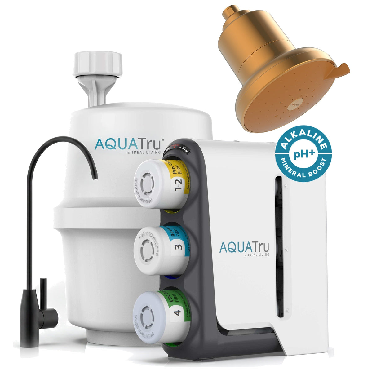AquaTru under-sink alkaline water filtration system with black faucet, gold showerhead, and colorful filter cartridges.