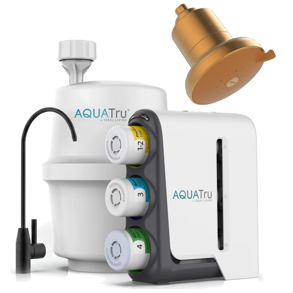 AquaTru under-sink water filtration system with black faucet, gold showerhead, and colorful filter cartridges.